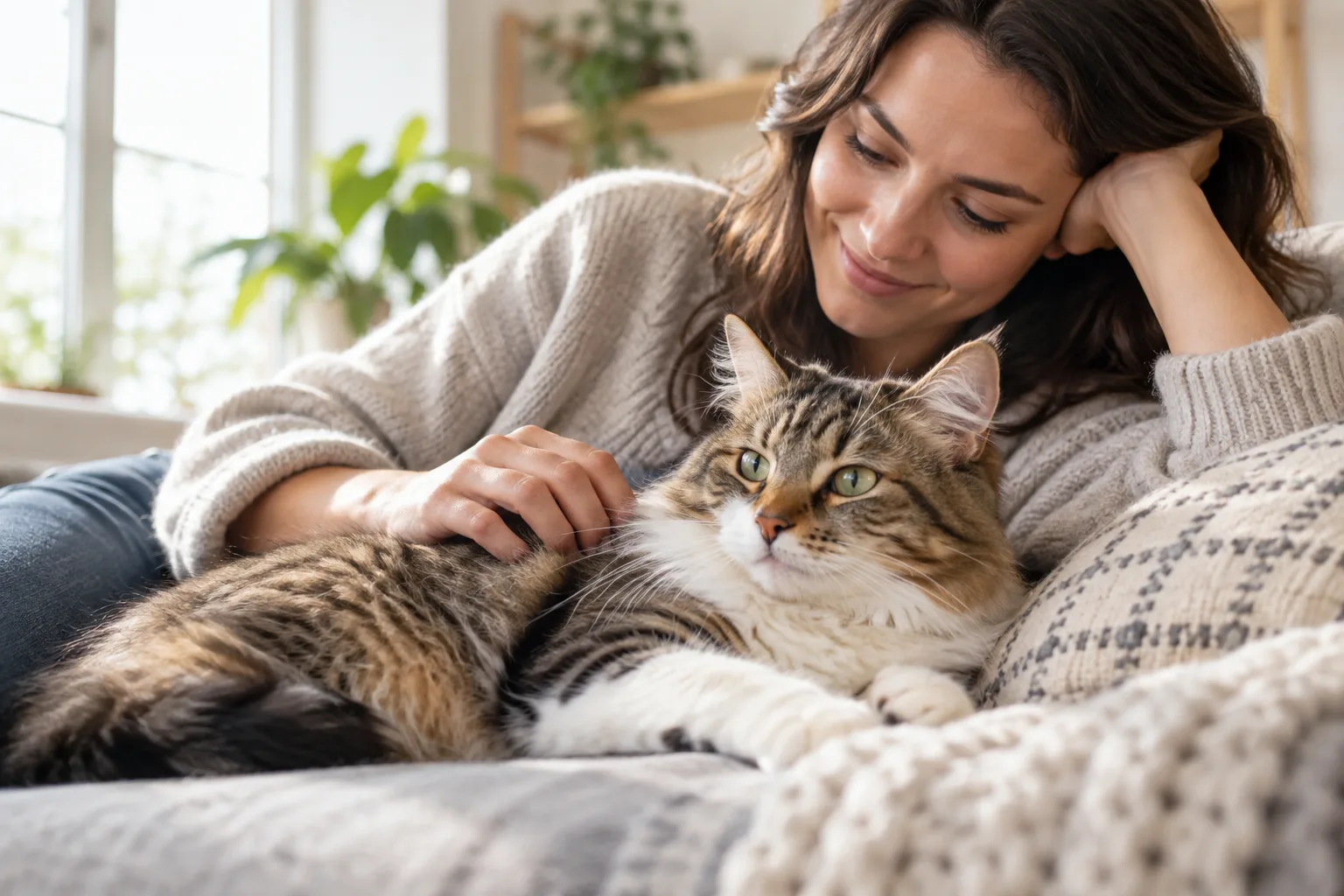 Cat resting beside its owner on a sofa