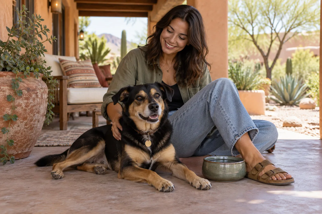 Owner sitting with a dog on a shaded patio with desert plants